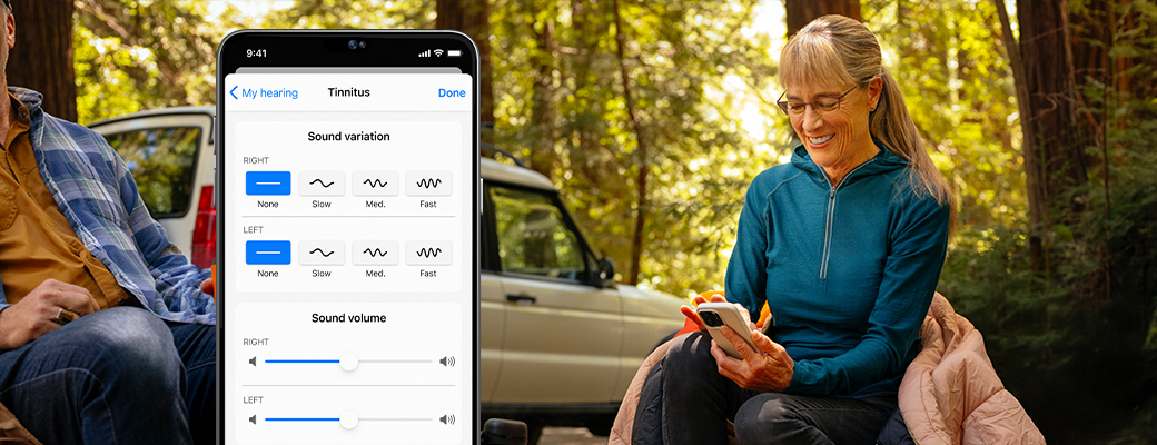 Image of woman looking at her smartphone and a close-up of the Starkey tinnitus app screen